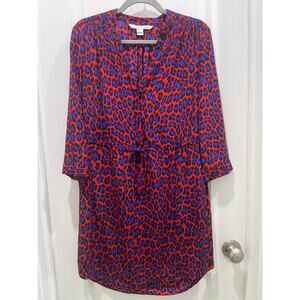 Diane Von Furstenberg Red Blue Leopard Print Shirt Mini Dress Sz 8
